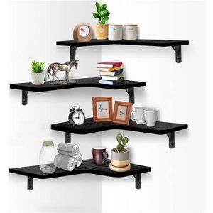 Corner Floating Shelves Wall Set of 4 Wood Corner Display Shelves(Black)